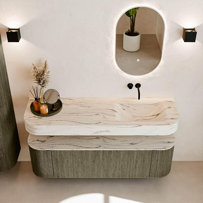 MONDIAZ THOR-DLUX 150cm badmeubel ronding links + rechts kleur Shadow met 1 lade en 2 deuren. Vrijhangende wastafel CLOUD Rechts zonder kraangat kleur Nata.