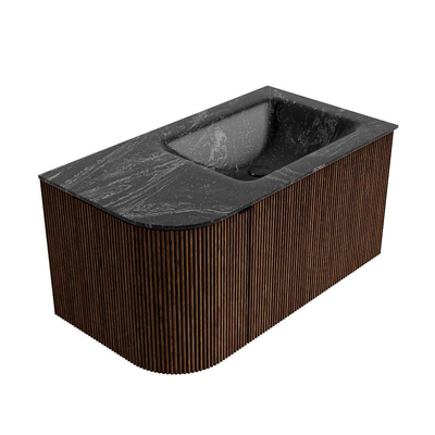 MONDIAZ KURVE-DLUX 85cm badmeubel met module 25 L kleur Walnut met 1 lade en 1 deur. Wastafel CLOUD rechts zonder kraangat kleur Lava.