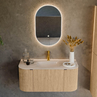 MONDIAZ KURVE-DLUX Meuble de salle de bains 100cm arrondi Gauche + Droite couleur Chêne avec 1 tiroir et 2 portes. Lavabo GRUNNE Central 1 trou de robinet Meli.