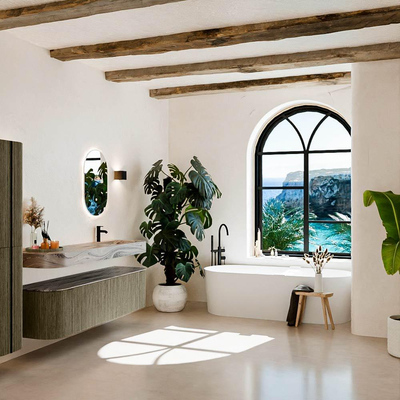 MONDIAZ THOR-DLUX 170cm badmeubel ronding links + rechts kleur Shadow met 1 lade en 2 deuren. Vrijhangende wastafel CLOUD Rechts 1 kraangat kleur Sombra.