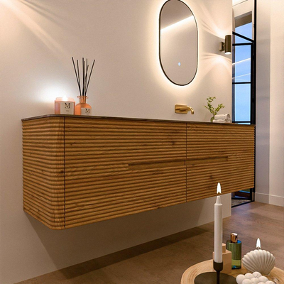 Mondiaz CIRO-DLUX Ensemble de meubles de salle de bains - 170x45x50cm - Plan vasque solid surface Sombra - 1 bassin à droite - sans trous de robinet - 4 tiroirs - Chêne