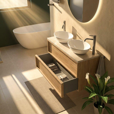 Saniclass Holz Frame Ensemble meuble de salle de bains - 120x45x63cm - Plan de travail en pierre naturelle travertin - 2 trous de robinetterie - 2 tiroirs - chêne natural mat (bois)
