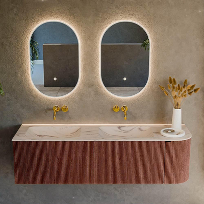 MONDIAZ KURVE-DLUX Meuble de salle de bains 155cm arrondi à droite couleur Ruby avec 2 tiroirs et 1 porte. Lavabo LEAF Double / Gauche sans trou de robinet Nata.