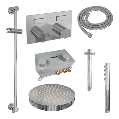 BRAUER Stripe Thermostatische Inbouw Regendouche - drukknoppen - SET 33 - 25cm douchekop - plafondarm - staaf handdouche - doucheslang - geïntegreerde glijstang - chroom