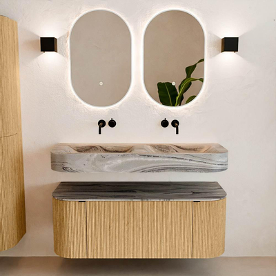 MONDIAZ THOR-DLUX 120cm badmeubel ronding links + rechts kleur Oak met 1 lade en 2 deuren. Vrijhangende wastafel CLOUD Dubbel zonder kraangat kleur Sombra.