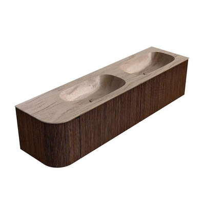 MONDIAZ KURVE-DLUX 175cm meuble de salle de bains arrondi à gauche couleur Walnut avec 2 tiroirs et 1 porte. Lavabo STOR SMALL Double / Droite sans trou de robinet Saba.