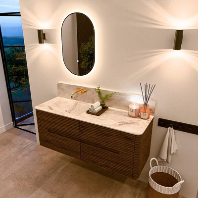 Mondiaz CIRO-DLUX Badkamermeubelset - 130x45x50cm - Solid surface wastafel Frappe - 1 wasbak Links - zonder kraangaten - 4 lades - Dusk