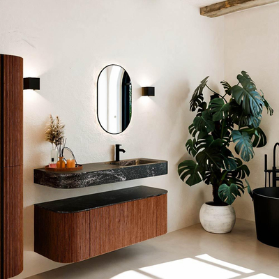 MONDIAZ THOR-DLUX 130cm meuble de salle de bains arrondi gauche + droite couleur Ruby avec 1 tiroir et 2 portes. Vasque suspendue CLOUD Droite 1 trou de robinet couleur Lava.