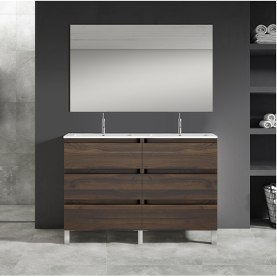 Adema Chaci PLUS Badkamermeubelset - 120x86x46cm - 2 rechthoekige keramische wasbakken wit - 2 kraangaten - 6 lades - rechthoekige spiegel - noten (hout)