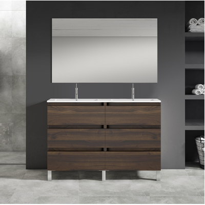 Saniclass Chaci PLUS Meuble de salle de bain - 120x86x46cm - lavabo en céramique blanc - 2 vasques ovales - 2 trous de robinet - 6 tiroirs - miroir rectangulaire - noyer (hout)