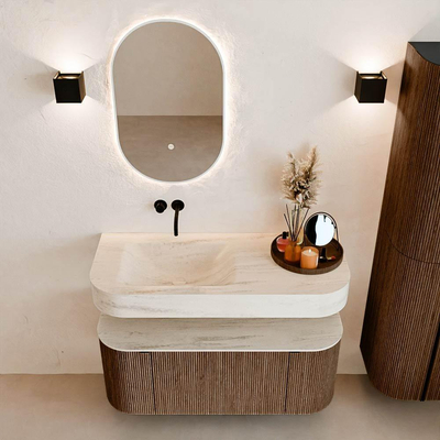 MONDIAZ THOR-DLUX 110cm meuble de salle de bains arrondi gauche + droite couleur Walnut avec 1 tiroir et 2 portes. Vasque suspendue CLOUD Gauche sans trou de robinet couleur Meli.