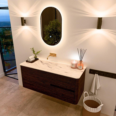 Mondiaz CIRO-DLUX Badkamermeubelset - 120x45x50cm - Solid surface wastafel Nata - 1 wasbak Links - zonder kraangaten - 2 lades - Walnut