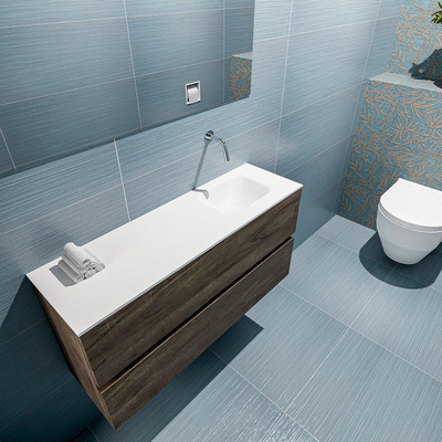 MONDIAZ ADA Toiletmeubel - 100x30x50cm - 0 kraangaten - 2 lades - dark brown mat - wasbak rechts - Solid surface - Wit