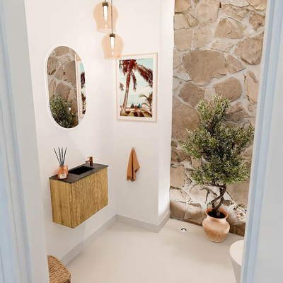 Mondiaz JOYA-DLUX 50cm toiletmeubel - kleur Oak - Wastafel FAYE positie Rechts 1 kraangat kleur Lava.