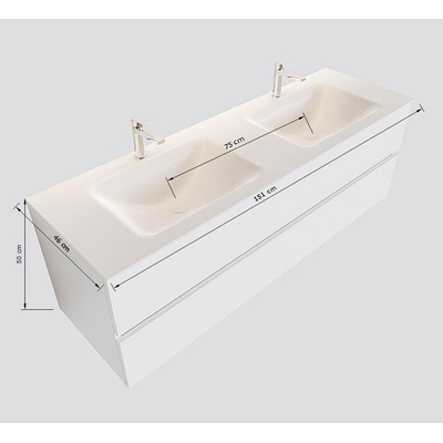 Mondiaz VICA ensemble de meuble de salle de bain - 150cm - meuble sous-vasque armée - 2 tiroirs - lavabo lune double - sans trou de robinet version XL 60cm de haut