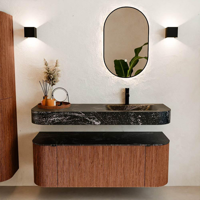 MONDIAZ THOR-DLUX 130cm meuble de salle de bains arrondi gauche + droite couleur Ruby avec 1 tiroir et 2 portes. Vasque suspendue CLOUD Droite 1 trou de robinet couleur Lava.