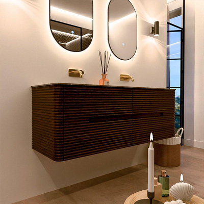 Mondiaz CIRO-DLUX Badkamermeubelset - 140x45x50cm - Solid surface wastafel Oza - 2 wasbak Dubbel - zonder kraangaten - 4 lades - Walnut