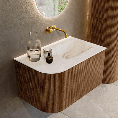 MONDIAZ KURVE-DLUX 75cm Meuble salle de bain avec module 25 G - couleur Walnut - 1 tiroir - 1 porte - vasque GRUNNE droite - sans trou de robinet - couleur Frappe