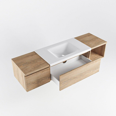 MONDIAZ BUKLA 160cm ensemble de meuble avec module ouvert 40 à droite couleur Chêne blanchi avec 2 tiroirs. Lavabo CLOUD centre 0 trous de robinet couleur Talc.