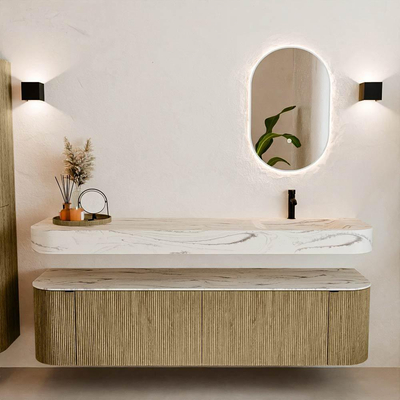 MONDIAZ THOR-DLUX 180cm meuble de salle de bains arrondi gauche + droite couleur Dusk avec 2 tiroirs et 2 portes. Vasque suspendue CLOUD Droite 1 trou de robinet couleur Nata.