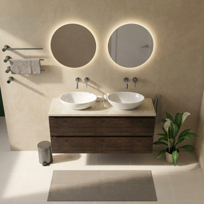 Saniclass Holz Pure Ensemble meuble de salle de bains - 140x45x63cm - Plan de travail en pierre naturelle travertin - sans trou de robinet - 4 tiroirs - chêne charcoal mat (bois)