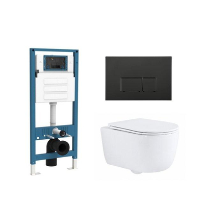 QeramiQ Dely Swirl Ensemble WC - réservoir encastré QeramiQ Flush - abattant slim - plaque de commande noire mate en métal - boutons rectangulaires - blanc brillant