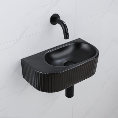 QeramiQ Fuente Ensemble de Lavabo - 40x21.5x12cm - strié - demi-rond - céramique - ensemble de robinet noir mat - bouchon de vidange - siphon abaissé - noir mat
