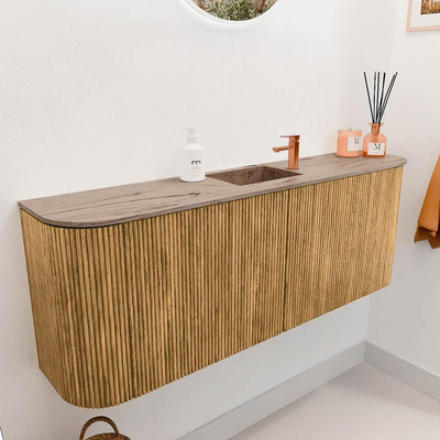 Mondiaz JOYA-DLUX 113.2cm toiletmeubel - ronding links en rechts kleur Oak - Wastafel FAYE positie Midden 1 kraangat kleur Arena.
