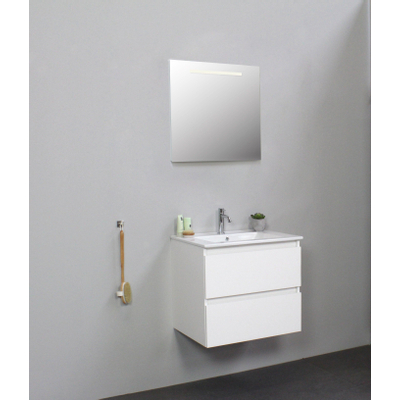 Basic Bella Badkamermeubelset - 60x55x46cm - 1 wasbak - Keramiek - Wit - 1 kraangat - Wandspiegel met verlichting - Melamine Wit hoogglans
