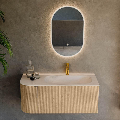 MONDIAZ KURVE-DLUX Meuble de salle de bains 105cm arrondi à gauche couleur Oak avec 1 tiroir et 1 porte. Vasque BIG SMALL à droite 1 trou de robinet Meli.