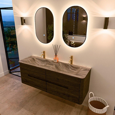 Mondiaz CIRO-DLUX Meuble de salle de bains - 140x45x50cm - Plan vasque Solid surface Sombra - 2 vasques Double - 2 trous de robinetterie - 4 tiroirs - Shadow