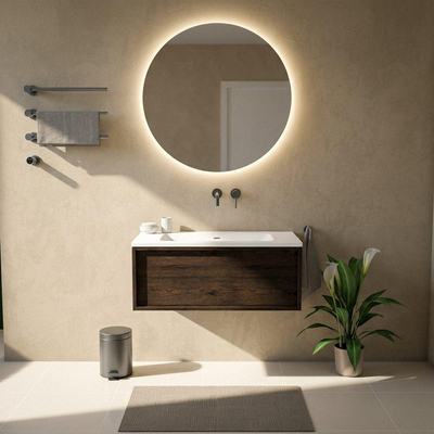 Saniclass Holz Frame Ensemble de meubles de salle de bains - 100x45x57.5cm - lavabo Torino en solid surface blanc - sans trou de robinetterie - 1 tiroir - chêne charcoal mat (bois)