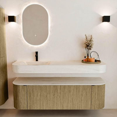 MONDIAZ THOR-DLUX 150cm meuble de salle de bains arrondi gauche + droite couleur Dusk avec 1 tiroir et 2 portes. Vasque suspendue CLOUD Gauche 1 trou de robinet couleur Meli.