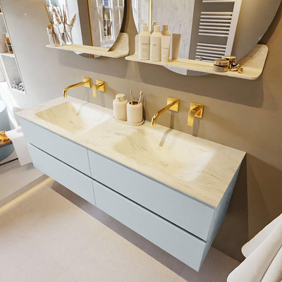 Mondiaz VICA-DLUX ensemble de meuble de salle de bain - 150cm - meuble sous-vasque argile - 4 tiroirs - lavabo encastré nuage double - sans trous de robinet - version haute de 60cm - opalo