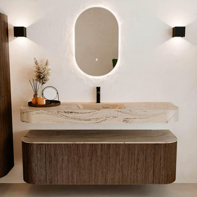 MONDIAZ THOR-DLUX 150cm meuble de salle de bains arrondi gauche + droite couleur Walnut avec 1 tiroir et 2 portes. Vasque suspendue CLOUD Milieu 1 trou de robinet couleur Arena.