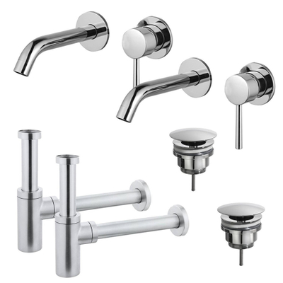 FugaFlow Eccelente Sobrado Slim Kit robinet lavabo - pour double vasque - robinet rehaussé - bonde non-obturable - siphon design - Chrome brillant