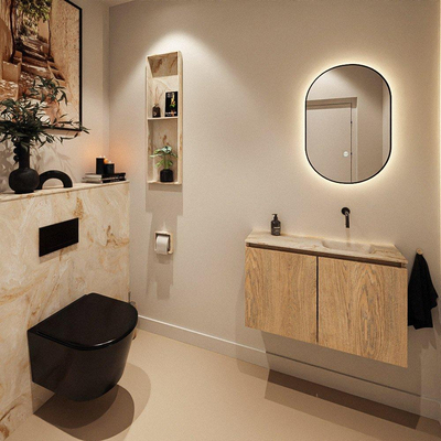 MONDIAZ TURE-DLUX Meuble de toilette 80cm Chêne lavé. Lavabo EDEN Frappe position droite. Sans trou de robinet.