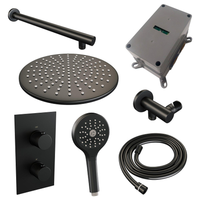 Ensemble de douche pluie encastré Brauer Black Carving - douche principale 30 cm - bras mural droit - avec partie encastrable - 2 fonctions - bouton carving - douchette ronde 1 fonction - noir mat