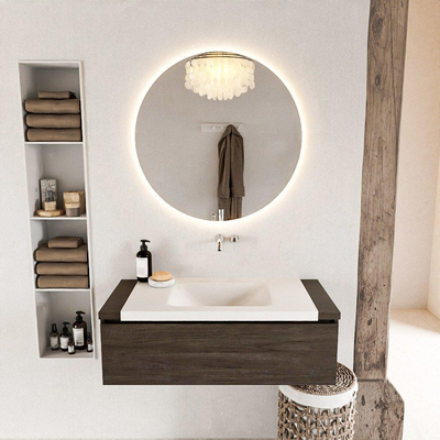Mondiaz BUKLA Ensemble de meuble - 100x45x34cm - 0 trous de robinet - lavabo centré - solid surface - Talc - sans poignée - 1 tiroir - Mélamine - Marron foncé