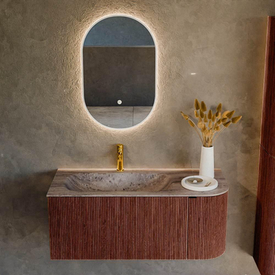 MONDIAZ KURVE-DLUX Meuble de salle de bains 105cm arrondi à droite couleur Ruby avec 1 tiroir et 1 porte. Lavabo BIG SMALL gauche 1 trou de robinet Oza.