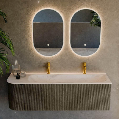 MONDIAZ KURVE-DLUX 145cm badmeubel ronding Links kleur Shadow met 1 lade en 1 deur. Wastafel BIG LARGE Rechts 2 kraangaten Meli.