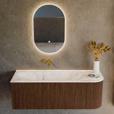 MONDIAZ KURVE-DLUX Meuble de salle de bains 125 cm avec module 25 R couleur Walnut avec 1 tiroir et 1 porte. Vasque BIG MEDIUM gauche sans trou de robinet couleur Frappe.