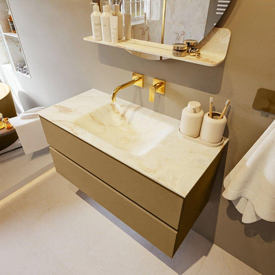 Mondiaz VICA-DLUX ensemble de meuble de salle de bain - 100cm - meuble sous-vasque oro - 2 tiroirs - lavabo encastré cloud milieu - sans trous de robinet - version haute de 60cm - frape