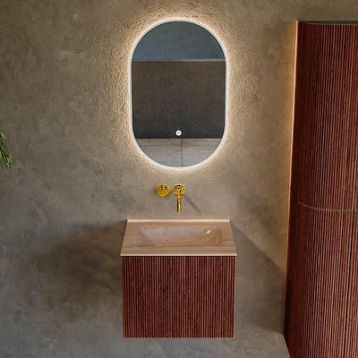 MONDIAZ KURVE-DLUX Meuble de salle de bains 50 cm couleur Ruby avec 1 tiroir et 0 porte. Lavabo GRUNNE Milieu sans trou de robinet Saba.