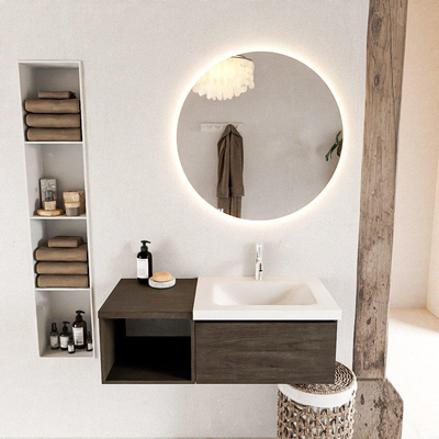 Mondiaz BUKLA 100cm ensemble de meuble avec module ouvert 40 couleur Marron Foncé avec 1 tiroir. Lavabo CLOUD à droite 1 trou de robinet couleur Talc.