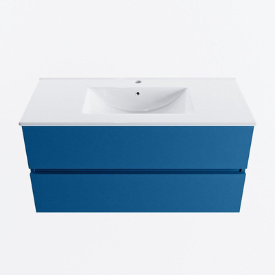 Mondiaz VICA Ensemble de meuble de salle de bain - 100cm - meuble sous-vasque jeans - 2 tiroirs - lavabo denia milieu - 1 trou de robinet - version haute de 60cm - blanc brillant