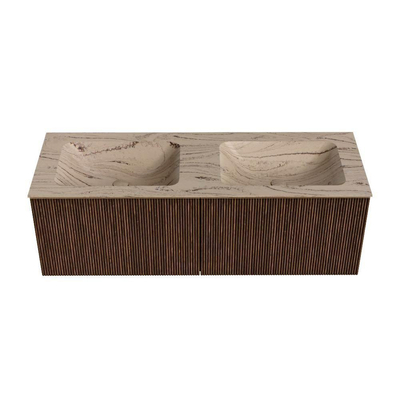 MONDIAZ KURVE-DLUX 130cm meuble de salle de bains couleur Walnut avec 2 tiroirs et 0 portes. Lavabo LEAF double sans trou de robinet Arena.