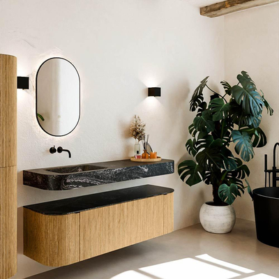 MONDIAZ THOR-DLUX 150cm badmeubel ronding links + rechts kleur Oak met 1 lade en 2 deuren. Vrijhangende wastafel CLOUD Links zonder kraangat kleur Lava.