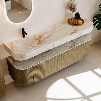 MONDIAZ THOR-DLUX Meuble de salle de bains 170cm arrondi gauche + droite couleur Dusk avec 1 tiroir et 2 portes. Vasque suspendue CLOUD Gauche 1 trou de robinet couleur Frappe.