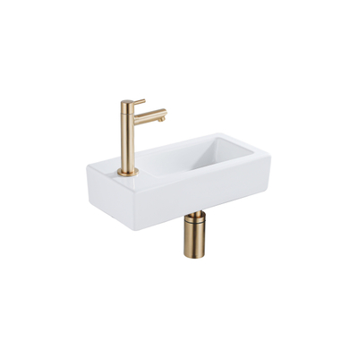 QeramiQ Fuente pack lave-mains – 37,5 x 18,5 x 9 cm – céramique blanc brillant – perçage à gauche – robinet doré brossé